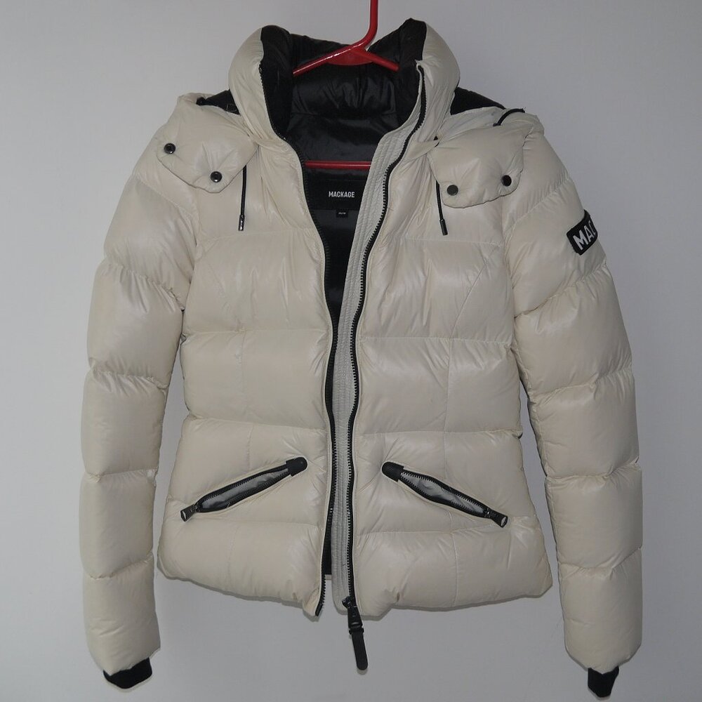 Mackage Ivory Glossy Down Puffer Jacket Arm Logo Short Coat - Picture 3 of 9